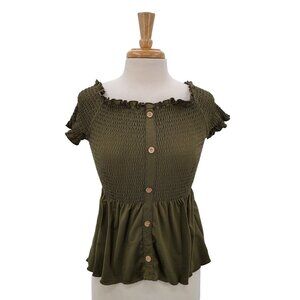 Rue21 Juniors Smocked Button Front Top‎ Size XL Green Short Sleeve Ruffle Casual